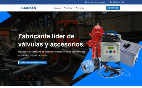Captura del sitio web de Flexman, fabricante de válvulas industriales en Ecuador, con su catálogo de productos