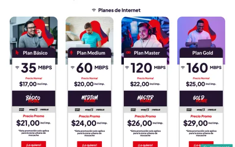 Captura del sitio web de Interhome, proveedor de internet en Ecuador, con sus planes de internet por velocidad
