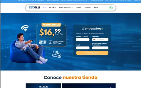 Captura del sitio web de TECglo, empresa de telecomunicaciones en Ecuador, con sus planes de internet